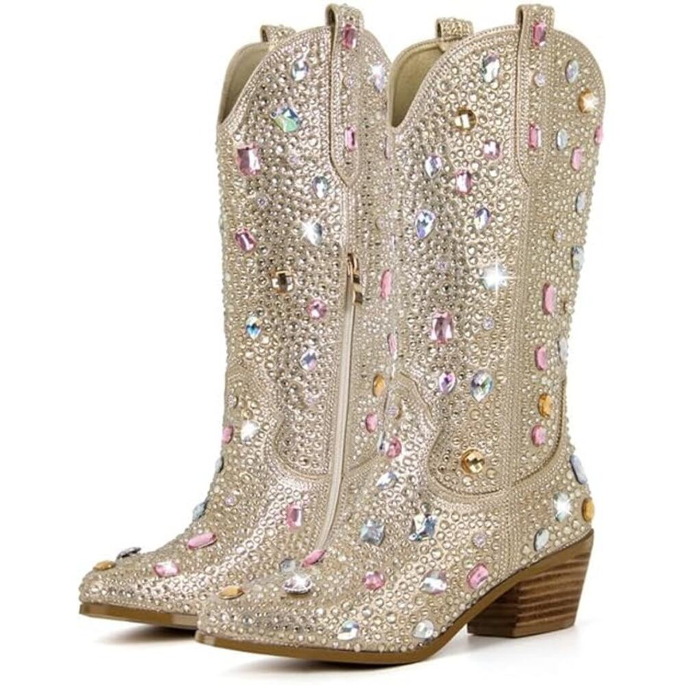 Richealnana Womens Size 11 Sparkly Rhinestone Calf High Cowboy Western Boots